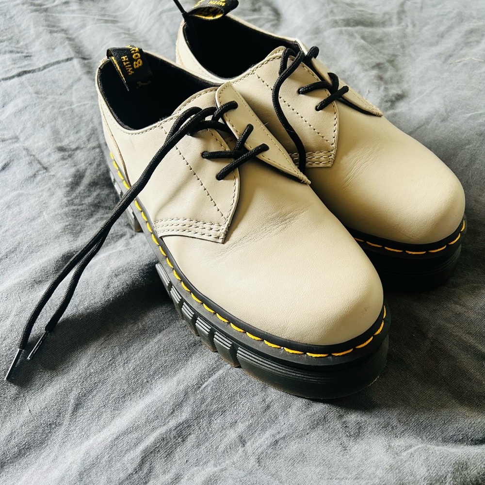 Dr. Martens Cream Leather 3-Eye Platform Oxfords with Black Laces